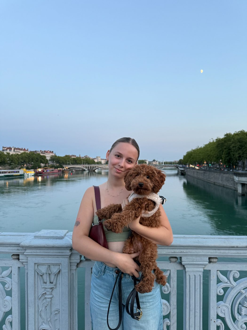 Elle sur un pont au-dessus du Rhône au crépuscule, tenant Ava dans ses bras, quais éclairés et croissant de lune.