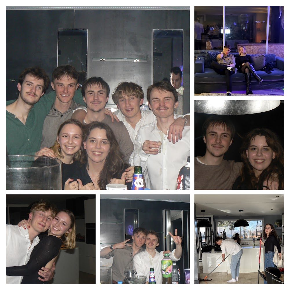 Planche de plusieurs photos de la soirée : le groupe d'amis au complet, des portraits à deux, et le rangement le lendemain matin.